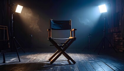 Atmospheric film studio interior with director chair and dramatic lighting effects creating cinematic mood, vintage wooden floor set with fog, shadows, spotlight, retro decor, tripod, camera and stage