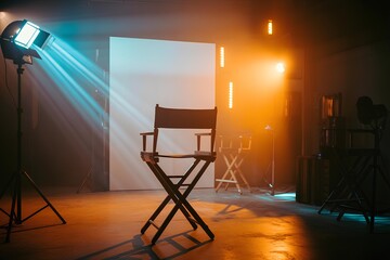 Atmospheric film studio interior with director chair and dramatic lighting effects creating cinematic mood, creative production scene with spotlight, camera tripod, wooden floor, stage equipment retro