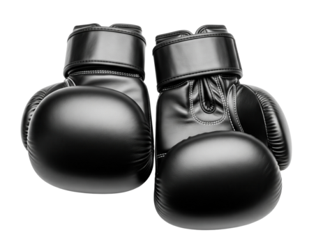 A pair of shiny black boxing gloves with white stitching and leather texture are on a clean white surface. Isolated transparent background ( cut-out PNG file ).