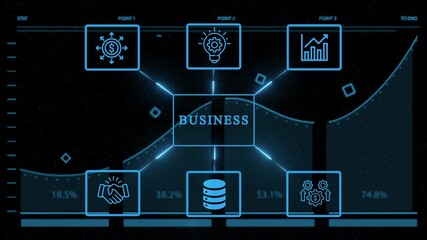 Futuristic business concept with glowing neon icons representing various aspects of business strategy, data analysis, and teamwork on a dark background - Powered by Adobe