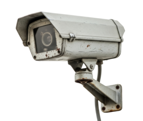 A white vintage surveillance camera with a rusted, weathered surface is on a clean white surface. The camera is a piece of security technology. Isolated transparent background ( cut-out PNG file ).