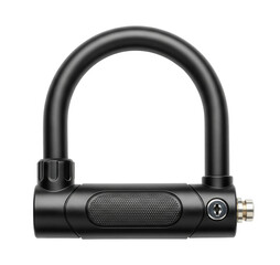 A large matte black bike lock with a U-shaped shackle and a textured locking bar is on a clean white surface. Isolated transparent background ( cut-out PNG file ).