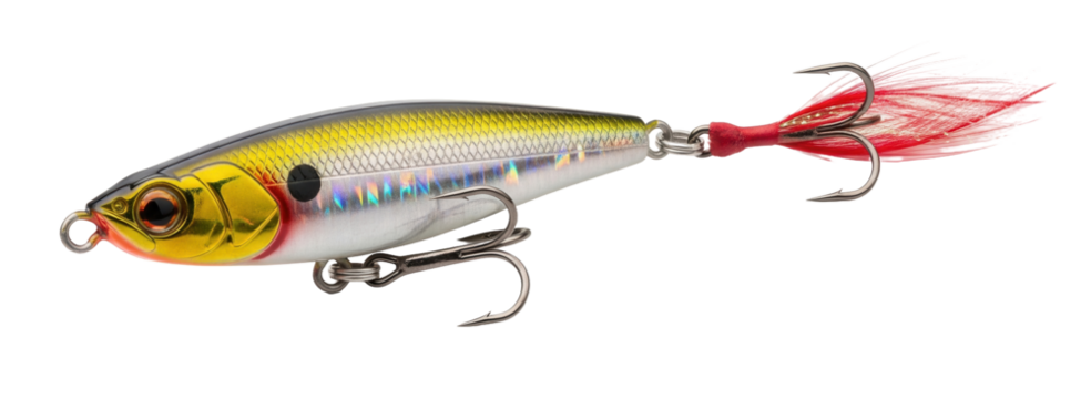 A bright fishing lure with a yellow and silver body, a red tail, and two sharp hooks is on a clean white surface. Isolated transparent background ( cut-out PNG file ). - Powered by Adobe