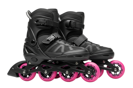 A pair of black inline skates with a hard plastic shell and bright pink wheels on a white surface. The skates are a piece of athletic equipment. Isolated transparent background ( cut-out PNG file ).