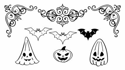 Halloween themed decorative elements featuring bats ghosts pumpkins and ornate corner and center flourishes designs