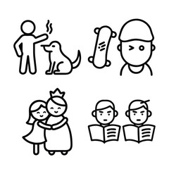 A collection of simple doodle illustrations depicting people, a dog, a skateboard, and children reading books.