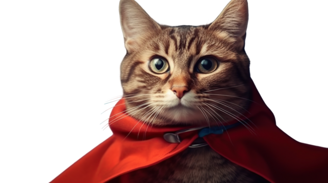 Close-up of a tabby cat wearing a red cape - Powered by Adobe