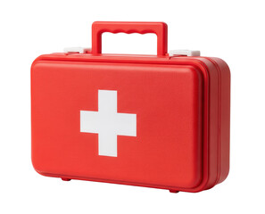 Obraz premium A rectangular red plastic first aid kit with a white cross and a handle is on a clean white surface. The kit is a piece of medical equipment. Isolated transparent background ( cut-out PNG file ).