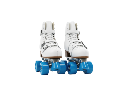A pair of white quad roller skates with laces, buckles, and bright blue wheels is on a clean white surface. Isolated transparent background ( cut-out PNG file ). - Powered by Adobe