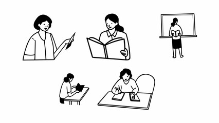 Illustrations of women reading and teaching in various settings and poses in black and white style