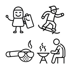 This image contains four distinct line art illustrations: a person shopping, a snowboarder, a smoking pipe, and someone grilling outdoors.