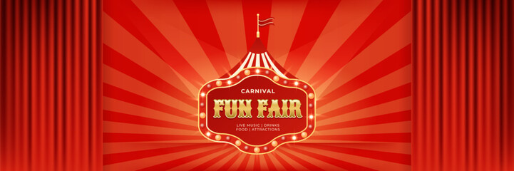 Colorful retro poster with bold circus tent and spotlight. Design for carnival, event, concert or amusement show. Vintage layout with starburst rays. Vector illustration, red color © Dukhanina Ekaterina