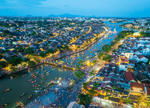 Aerial view of Hoi An ancient town, Vietnam. Famous old town for travel in Vietnam, UNESCO World Heritage.