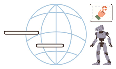 Humanoid robot beside a globe with connection bars and a touchscreen icon. Ideal for technology, innovation, AI, internet, automation, global communication, modern connectivity. Simple flat metaphor