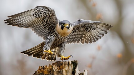 Peregrine falcon perched atop a tree stump with wings spread, showcasing its majestic presence and readiness for flight in a natural setting