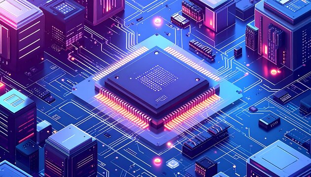 A detailed top-down view showcases an intricate circuit board, highlighted by a central processor chip, in vibrant neon colors.