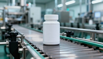 Fototapeta premium Pharmaceutical Production: White Plastic Pill Bottle on Automated Conveyor Belt in Modern Factory