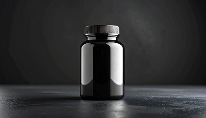 A glass medicine bottle and a black plastic perfume bottle stand isolated on a white background