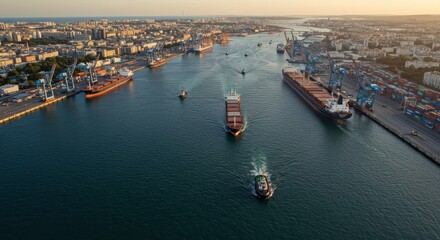 Naklejka premium Aerial View of Busy Shipping Port with Cargo Ships, Cranes, and Vibrant Cityscape During Sunset