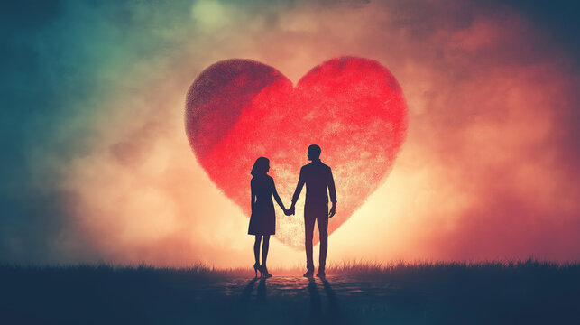 Silhouette of couple holding hands with heart shape background for romantic themes