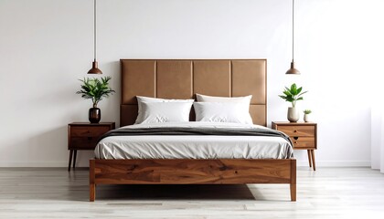 Modern bedroom interior with wooden bed