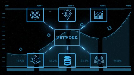 Futuristic network concept with glowing neon icons representing business connections, data analysis, and growth strategy on a dark background with graph overlay - Powered by Adobe