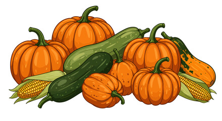 Abundant harvest of vibrant pumpkins, gourds, and fresh corn ears creating a rich autumn bounty perfect for seasonal celebrations and healthy cooking inspiration
