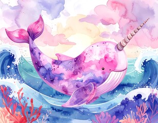Watercolor narwhal in ocean