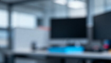 Fototapeta premium Blurred Office Environment with Computer Screens, Desk Workspace, and Modern Interior Design for Creative Backgrounds