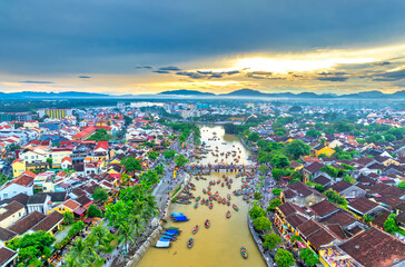 Aerial view of Hoi An ancient town at twilight, Vietnam. Famous old town for travel in Vietnam, UNESCO World Heritage.