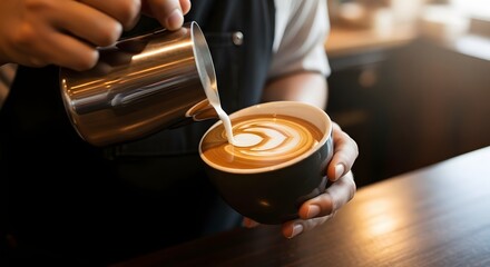 A barista pouring latte art into a coffee cup.