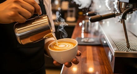 A barista pouring latte art into a coffee cup.