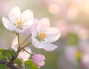 Fototapeta premium Delicate, pastel-hued blossoms of an tree branch, bathed in soft sunlight, creating a serene and springtime mood.