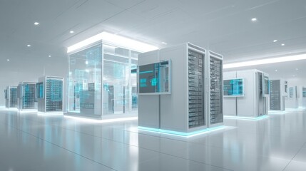 Data Center Infrastructure: Modern Server Room with Racks, Cloud Computing, and High Technology Solutions