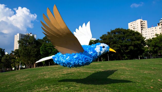 Large blue bird sculpture in flight