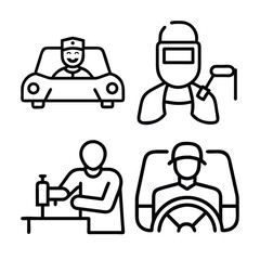 Four distinct profession icons: a driver, a welder, a seamstress, and a mechanic, depicted in minimalist line art style.
