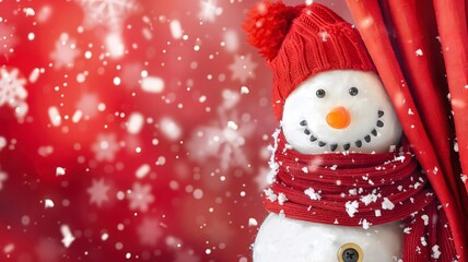 Snowman in a red hat and scarf peers out from behind a red curtain against a backdrop of falling snowflakes. Generated AI