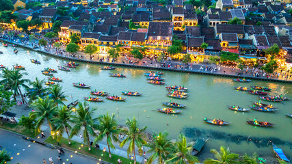 Aerial view of Hoi An ancient town, Vietnam at dusk or night, this place is a UNESCO world heritage site. Hoi An is one of the most popular destinations in Vietnam
