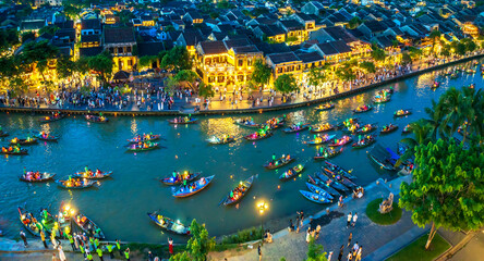 Aerial view of Hoi An ancient town, Vietnam at dusk or night, this place is a UNESCO world heritage site. Hoi An is one of the most popular destinations in Vietnam