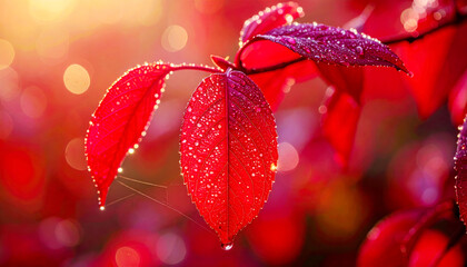 Close-Up Photo of a Single Red Leaf with a Large Dew Drop and Spiderweb
