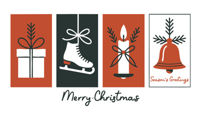 Vintage Holiday Card Set Minimal Line Art Gift Box, Ice Skates, Candle, and Bell with Red Bows, easily editable and scalable.