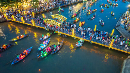 Aerial view of Hoi An ancient town, Vietnam at dusk or night, this place is a UNESCO world heritage site. Hoi An is one of the most popular destinations in Vietnam © huythoai