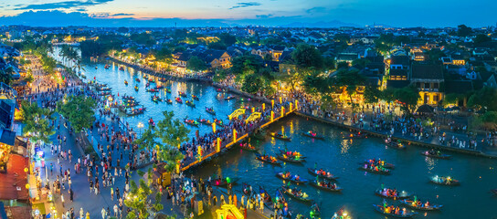 Aerial view of Hoi An ancient town, Vietnam at dusk or night, this place is a UNESCO world heritage site. Hoi An is one of the most popular destinations in Vietnam