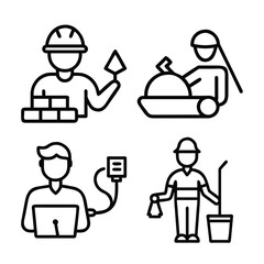 Four stylized line art icons depict construction workers, a builder, an office worker, and a cleaner, showcasing various professions and tasks.