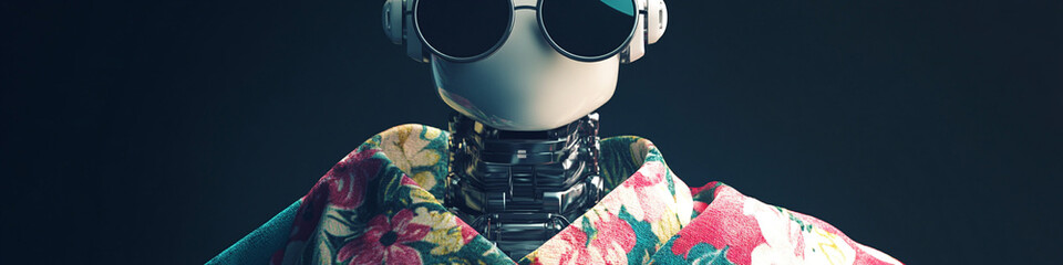 Robotic figure wearing round sunglasses and floral poncho