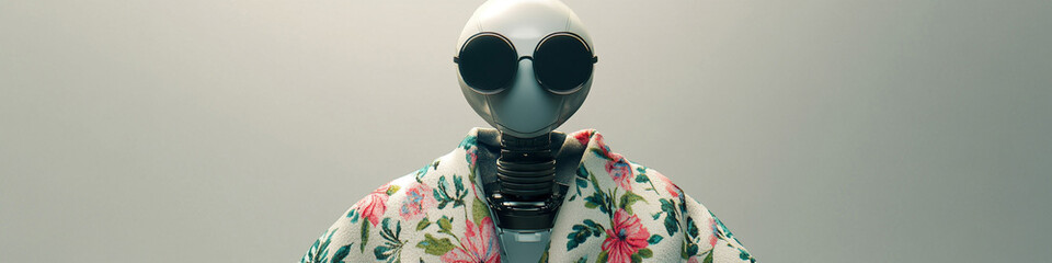 Robotic figure wearing round sunglasses and floral poncho