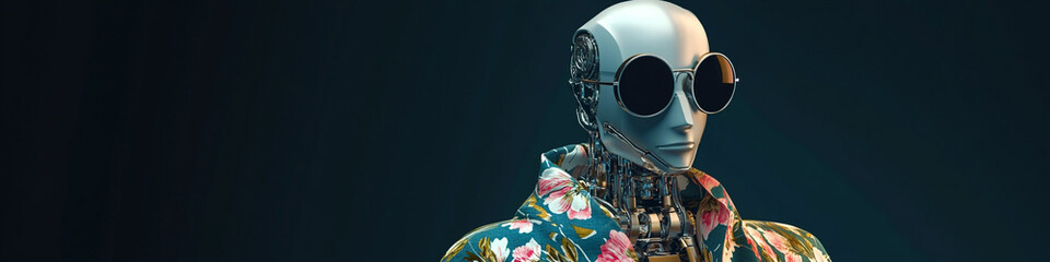 Robotic figure wearing round sunglasses and floral poncho