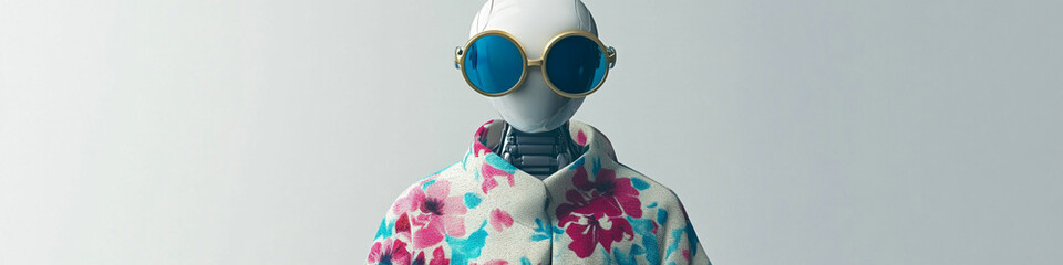 Robotic figure wearing round sunglasses and floral poncho