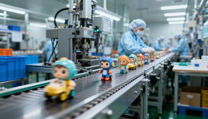Fototapeta premium Automated Toy Manufacturing: Robotic Assembly Line Processing Colorful Plastic Figurines in a Modern Factory
