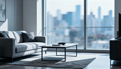 Modern Apartment Interior with City View: Stylish Living Room with Contemporary Furniture